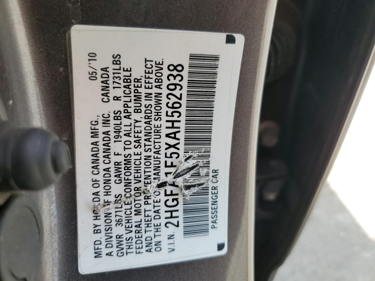 2HGFA1F5XAH562938 2010 Honda Civic Lx