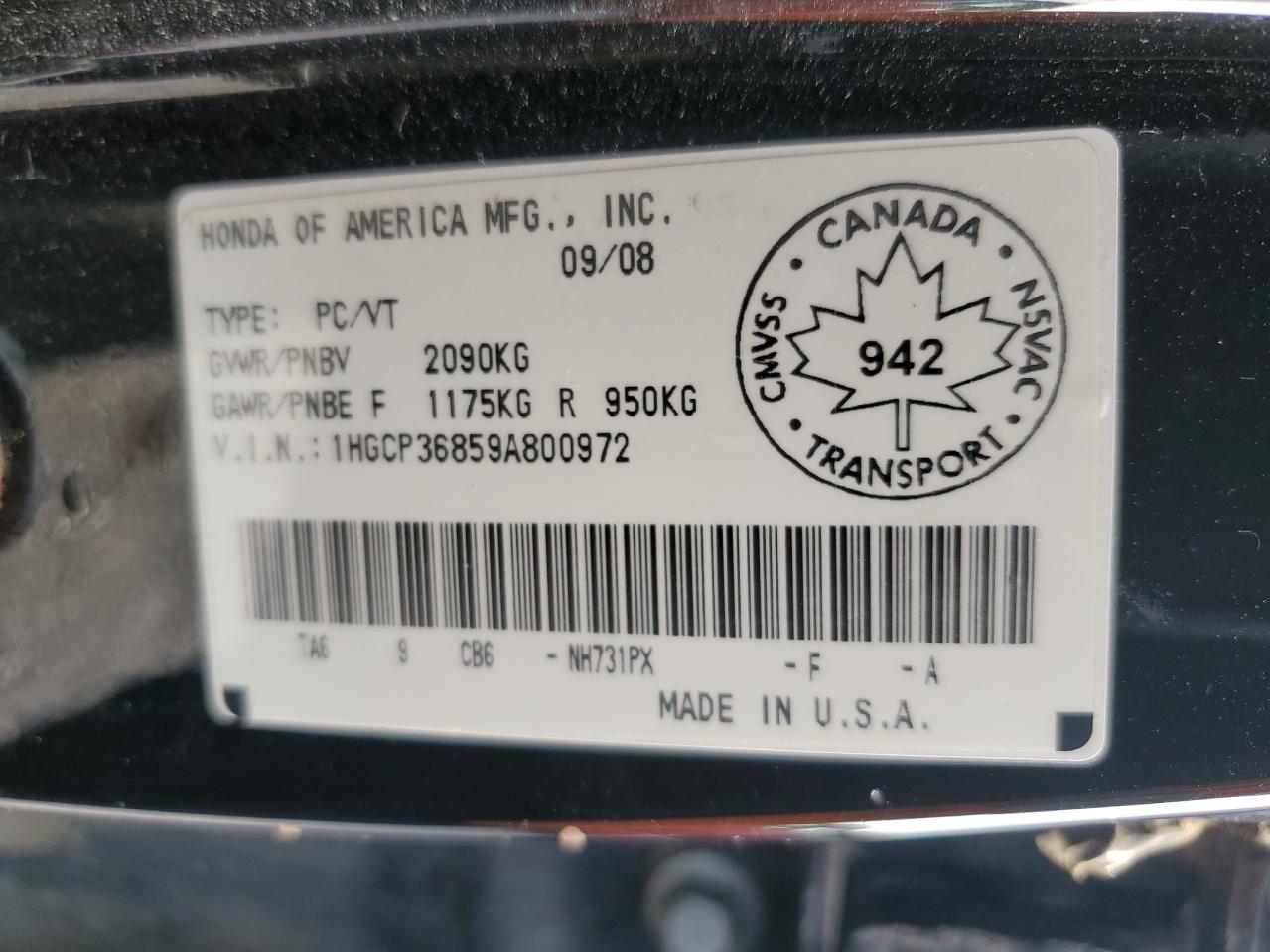 2009 Honda Accord Exl VIN: 1HGCP36859A800972 Lot: 72206484