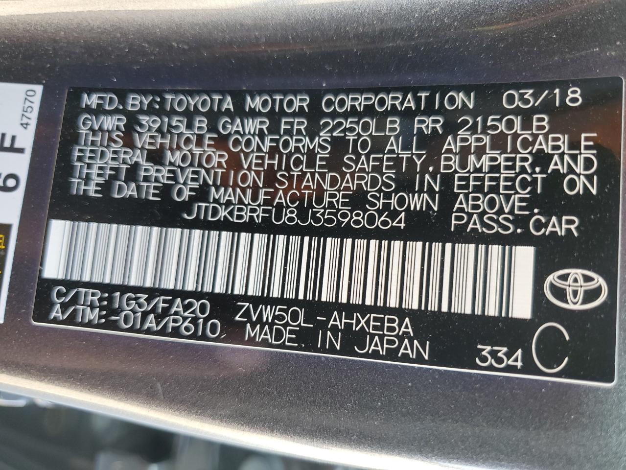 JTDKBRFU8J3598064 2018 Toyota Prius