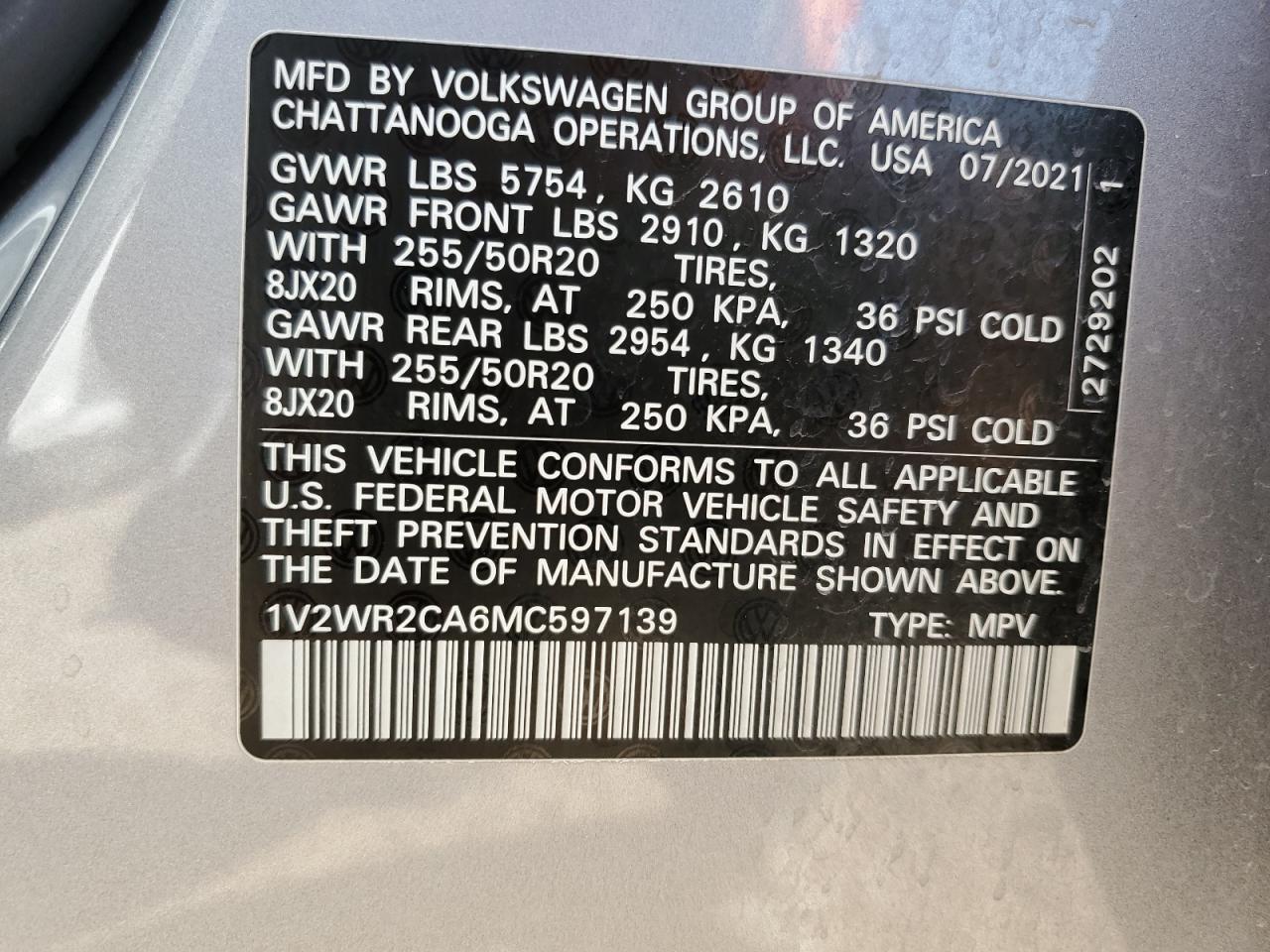 1V2WR2CA6MC597139 2021 Volkswagen Atlas Se