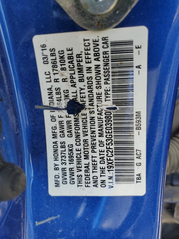 19XFC2F53GE039800 2016 Honda Civic Lx
