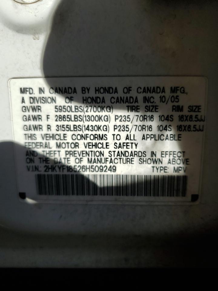 2006 Honda Pilot Ex VIN: 2HKYF18526H509249 Lot: 70316754