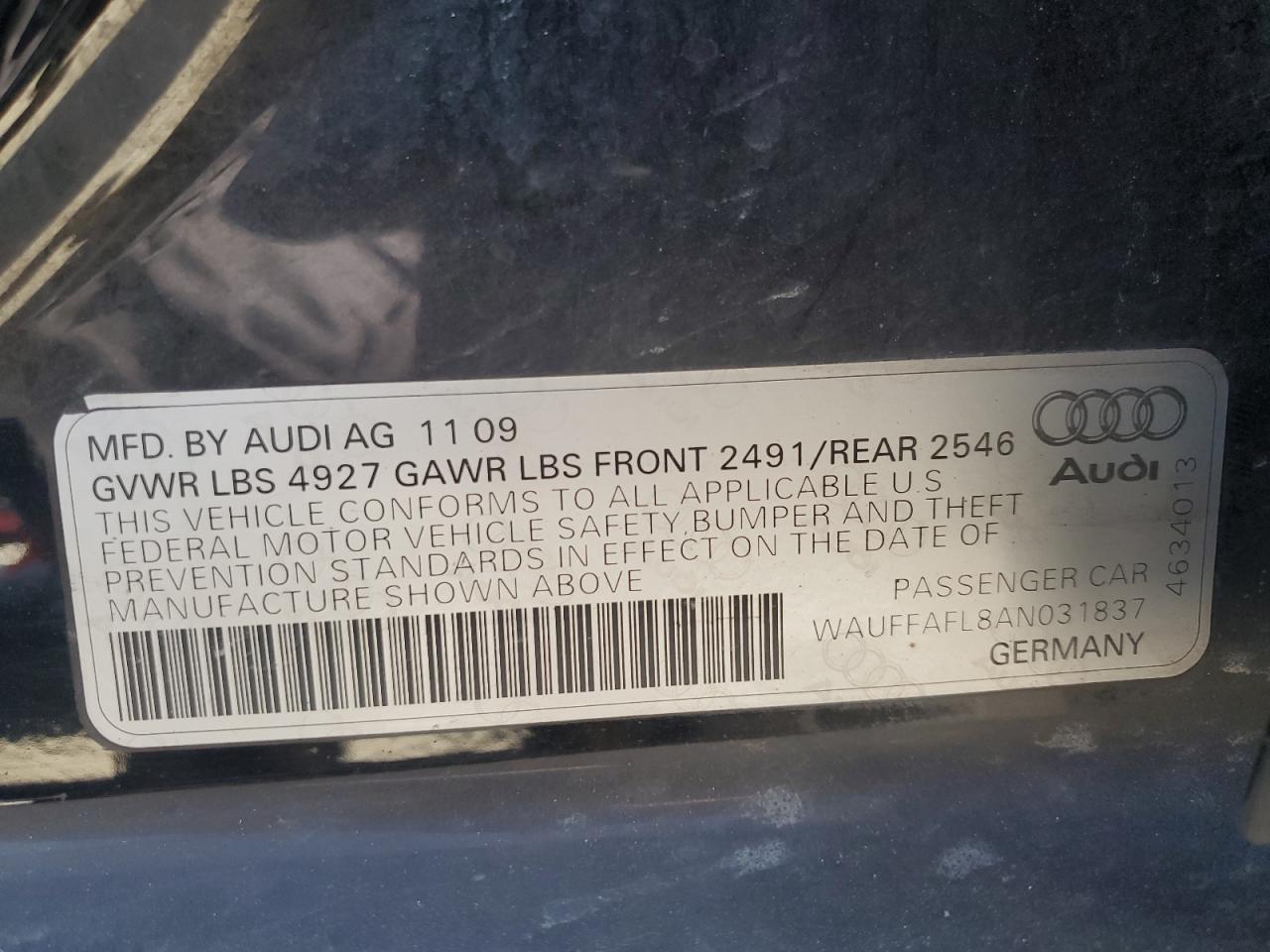 2010 Audi A4 Premium Plus VIN: WAUFFAFL8AN031837 Lot: 71652184