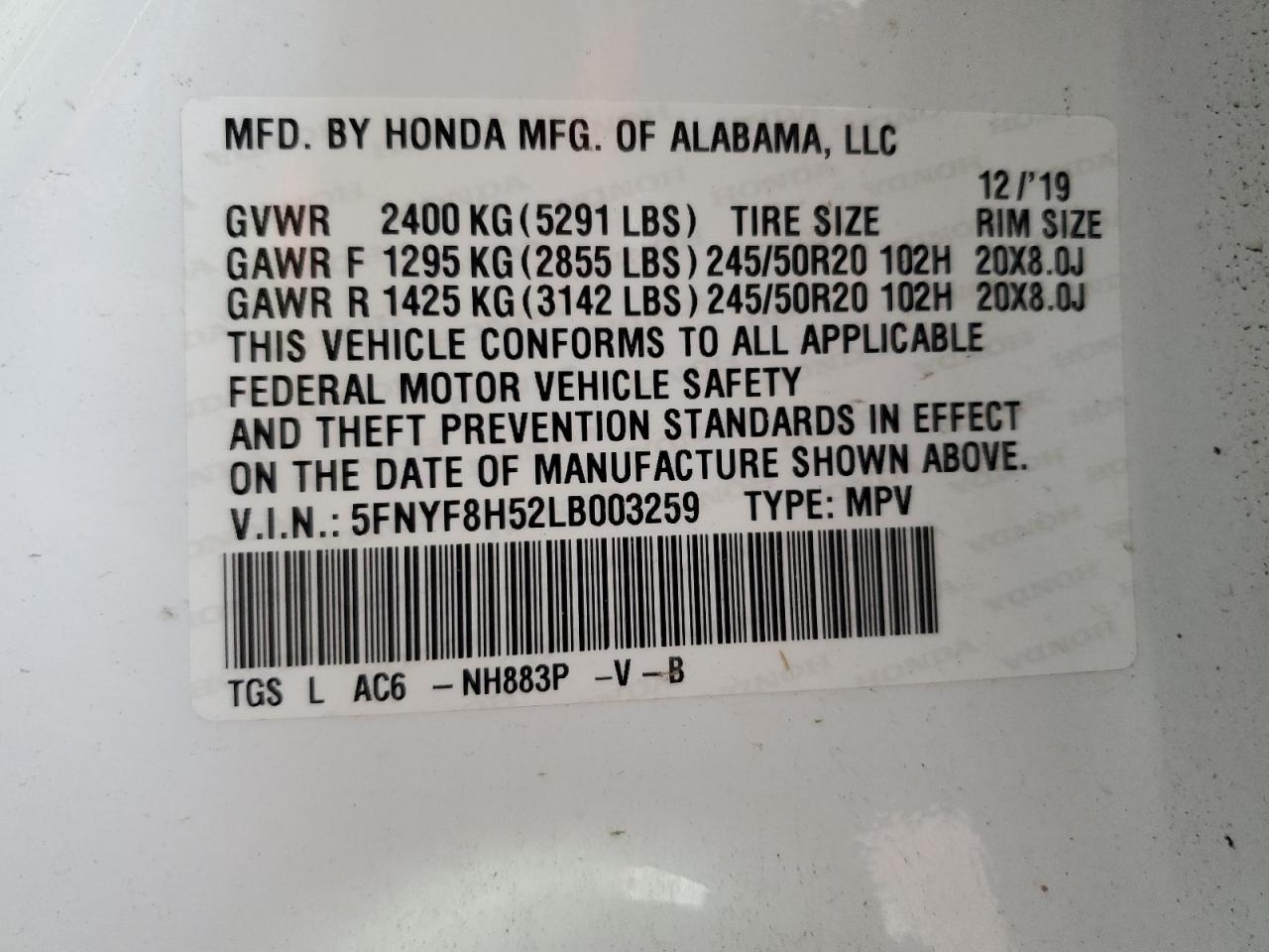 2020 Honda Passport Exl VIN: 5FNYF8H52LB003259 Lot: 70626524