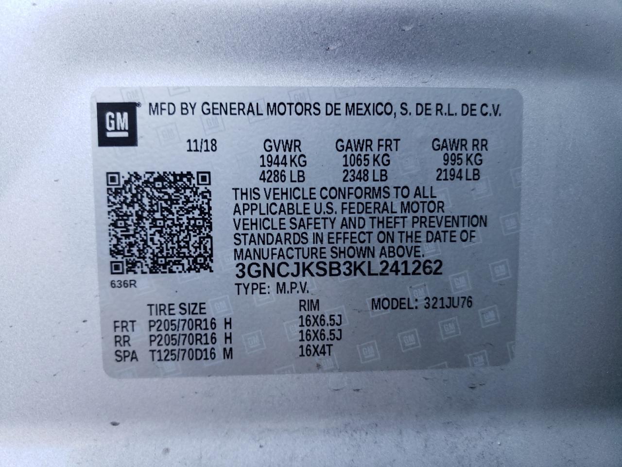 3GNCJKSB3KL241262 2019 Chevrolet Trax Ls