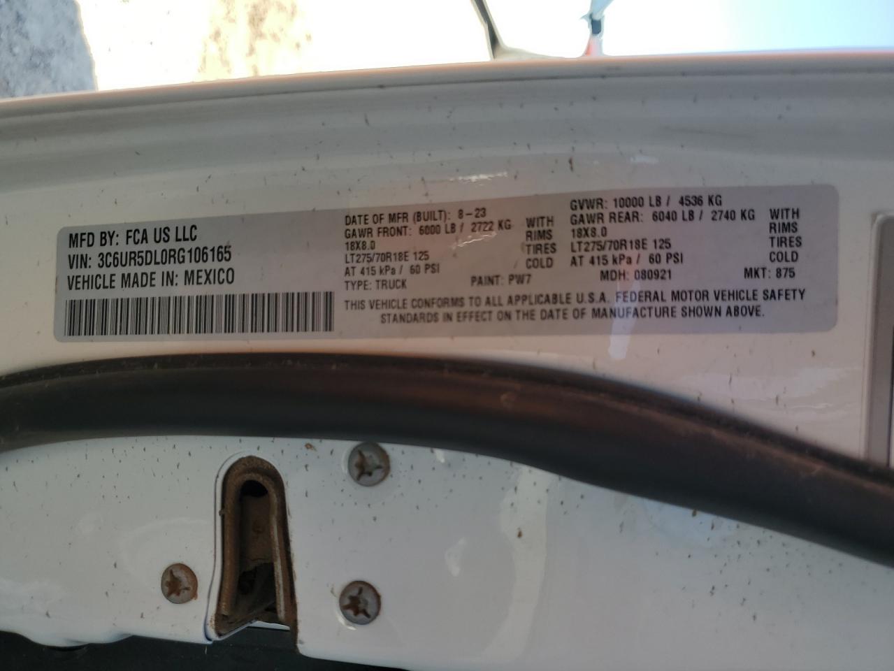 2024 Ram 2500 Big Horn VIN: 3C6UR5DL0RG106165 Lot: 71636334