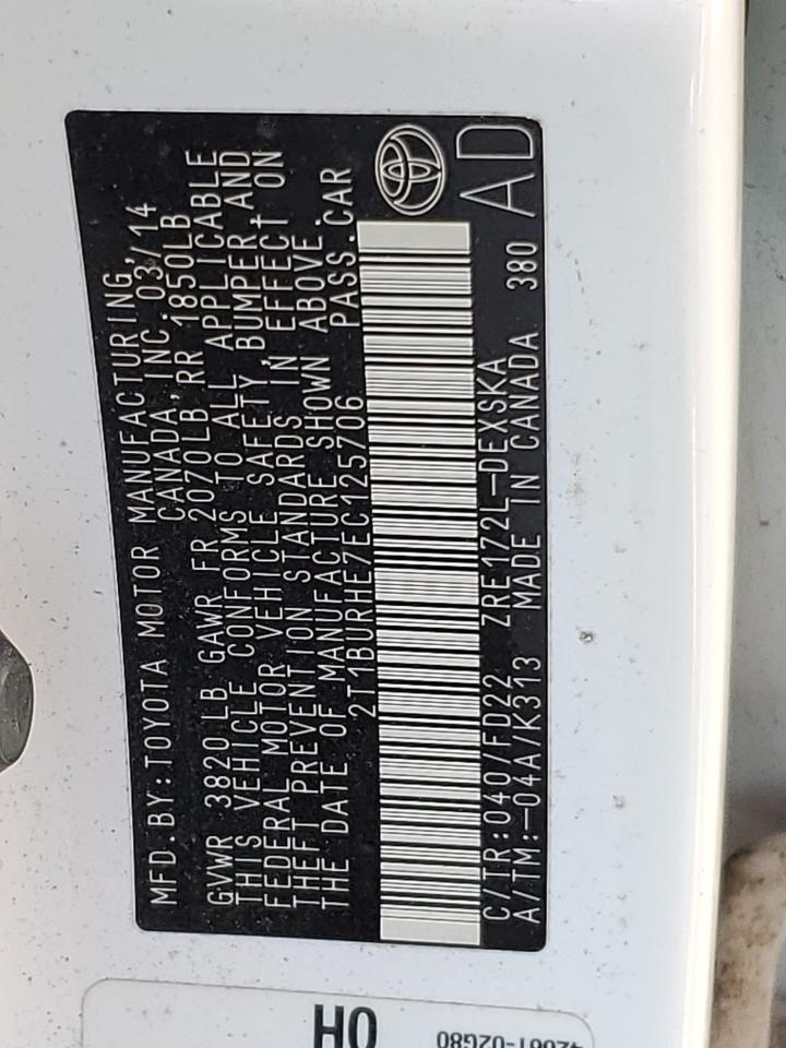 2014 Toyota Corolla L VIN: 2T1BURHE7EC125706 Lot: 71765014