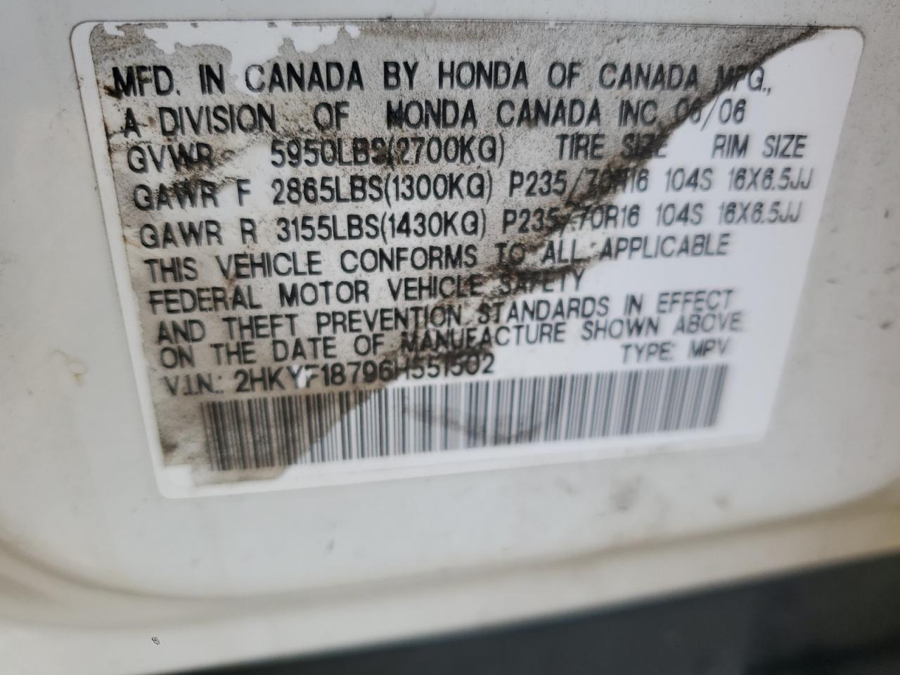 2006 Honda Pilot Ex VIN: 2HKYF18796H551502 Lot: 70611224