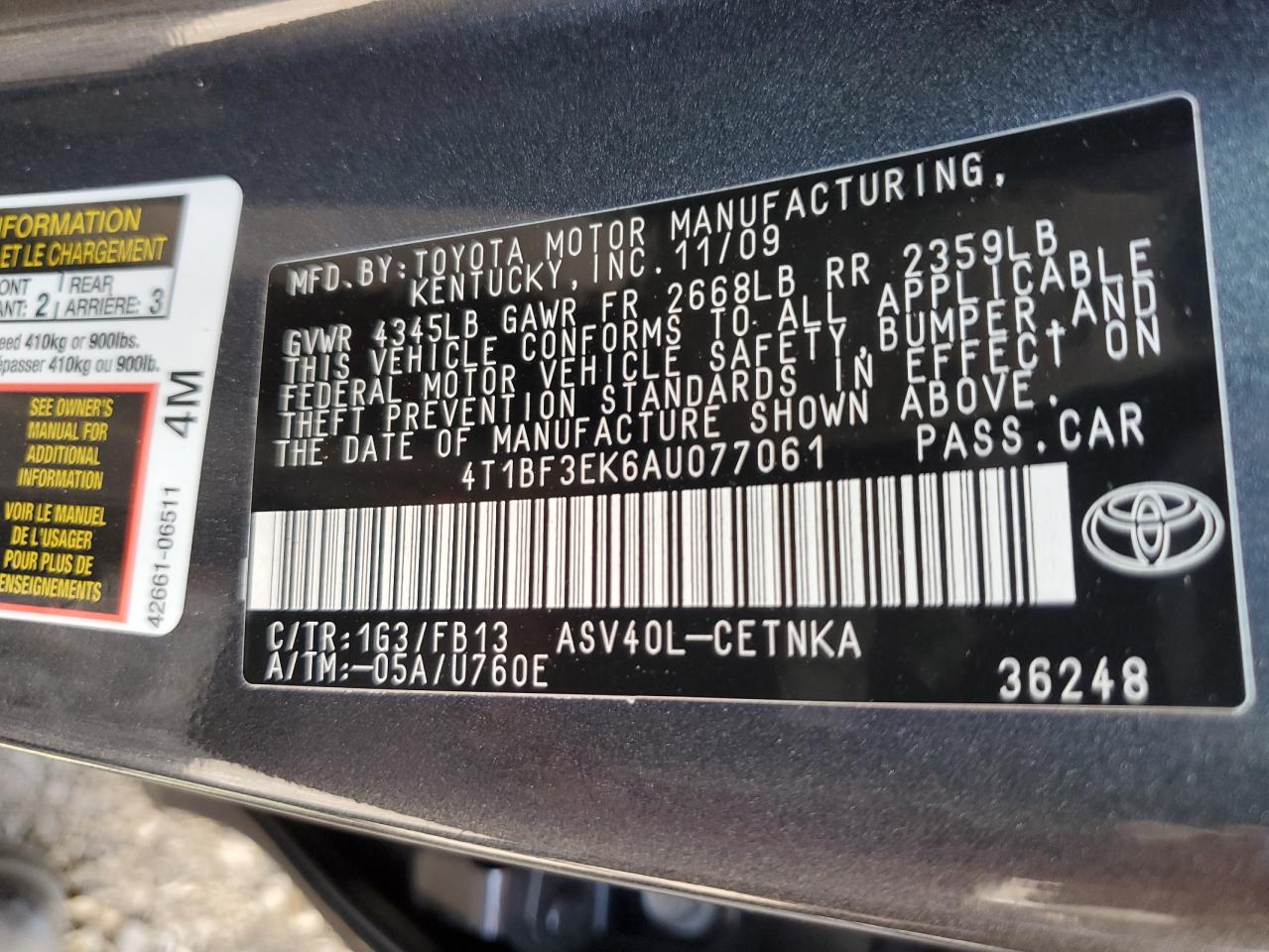 4T1BF3EK6AU077061 2010 Toyota Camry Base