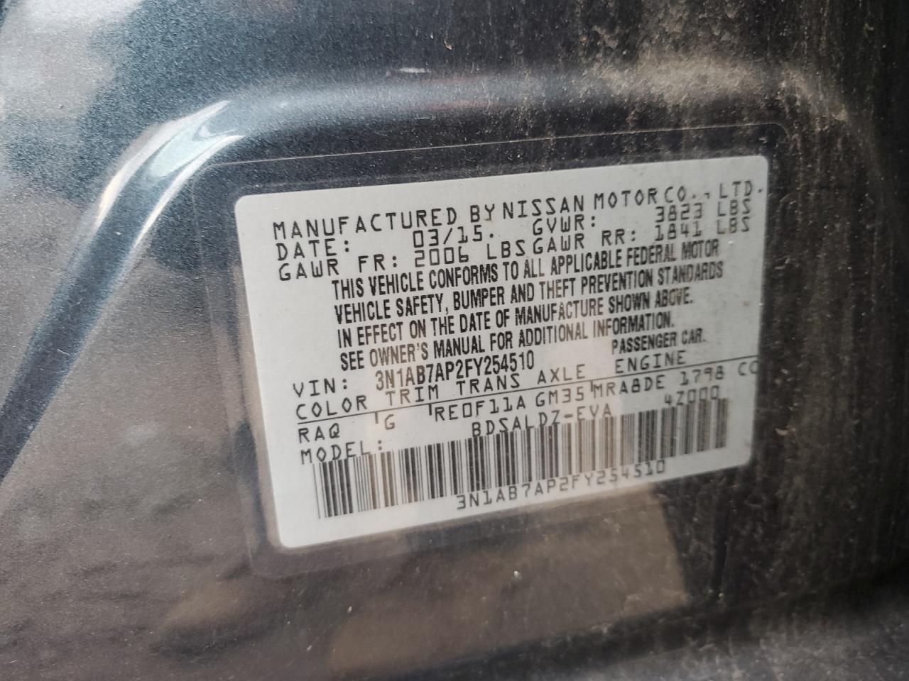 2015 Nissan Sentra S VIN: 3N1AB7AP2FY254510 Lot: 71960114