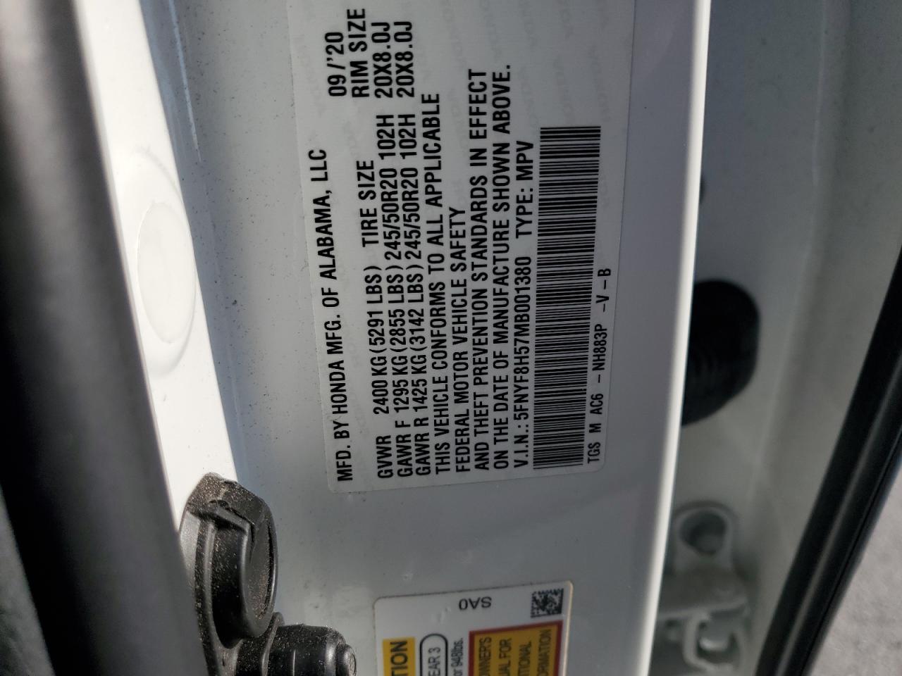 2021 Honda Passport Exl VIN: 5FNYF8H57MB001380 Lot: 70604514