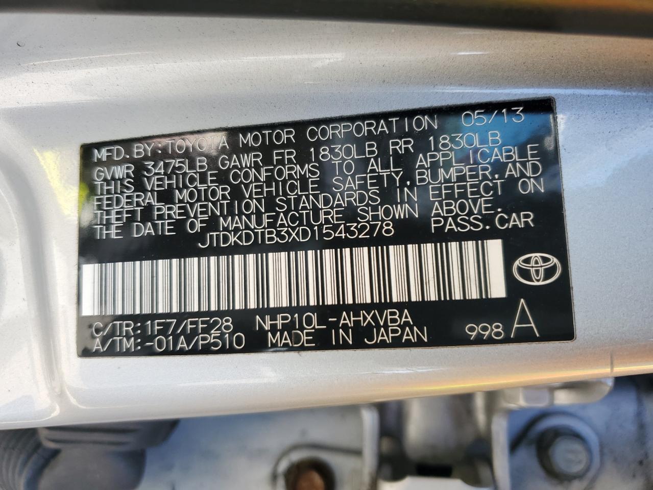 JTDKDTB3XD1543278 2013 Toyota Prius C