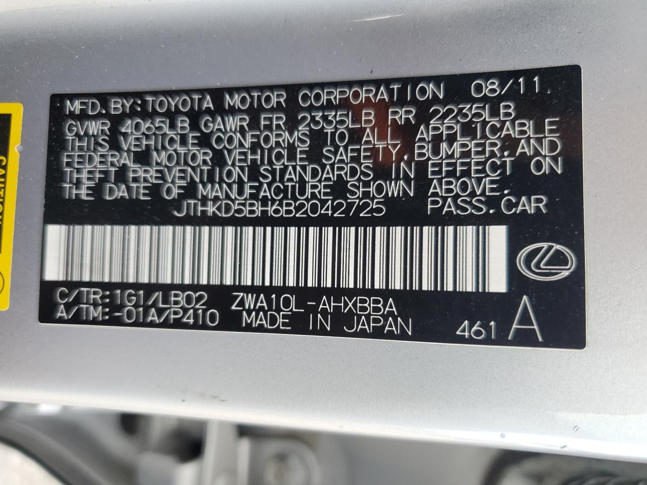 JTHKD5BH6B2042725 2011 Lexus Ct 200