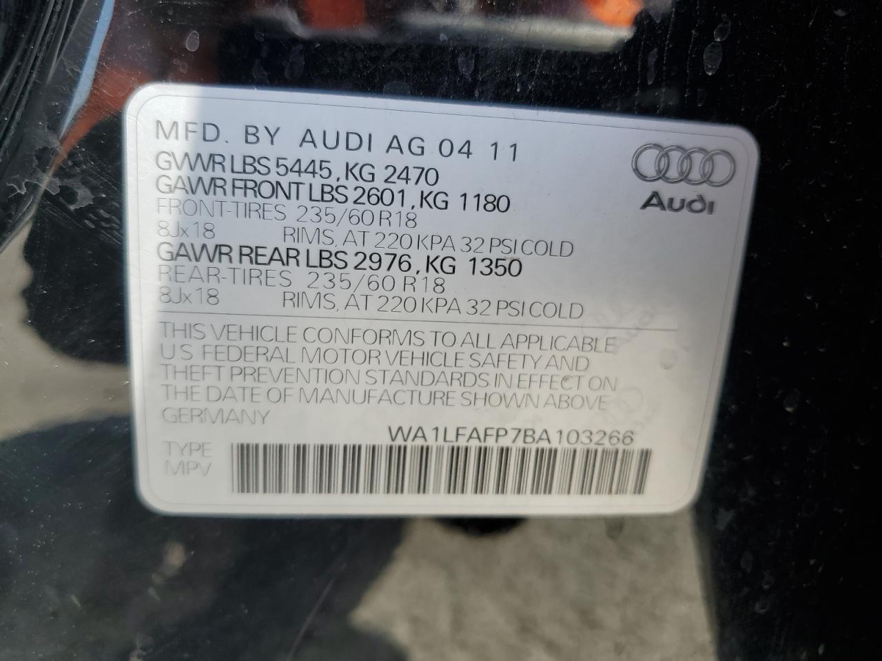 2011 Audi Q5 Premium Plus VIN: WA1LFAFP7BA103266 Lot: 72954004