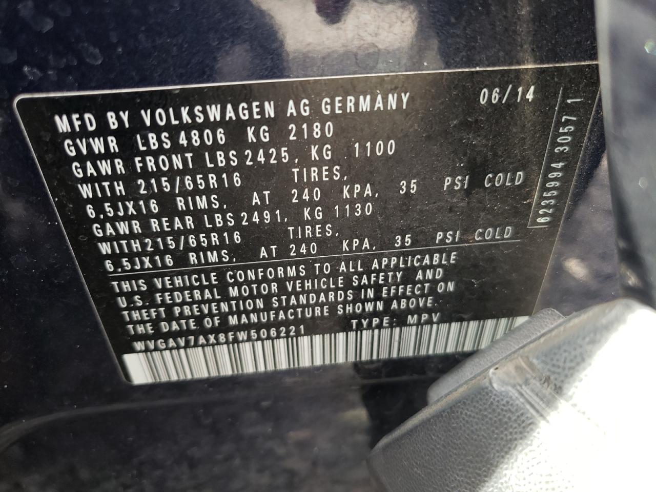 WVGAV7AX8FW506221 2015 Volkswagen Tiguan S