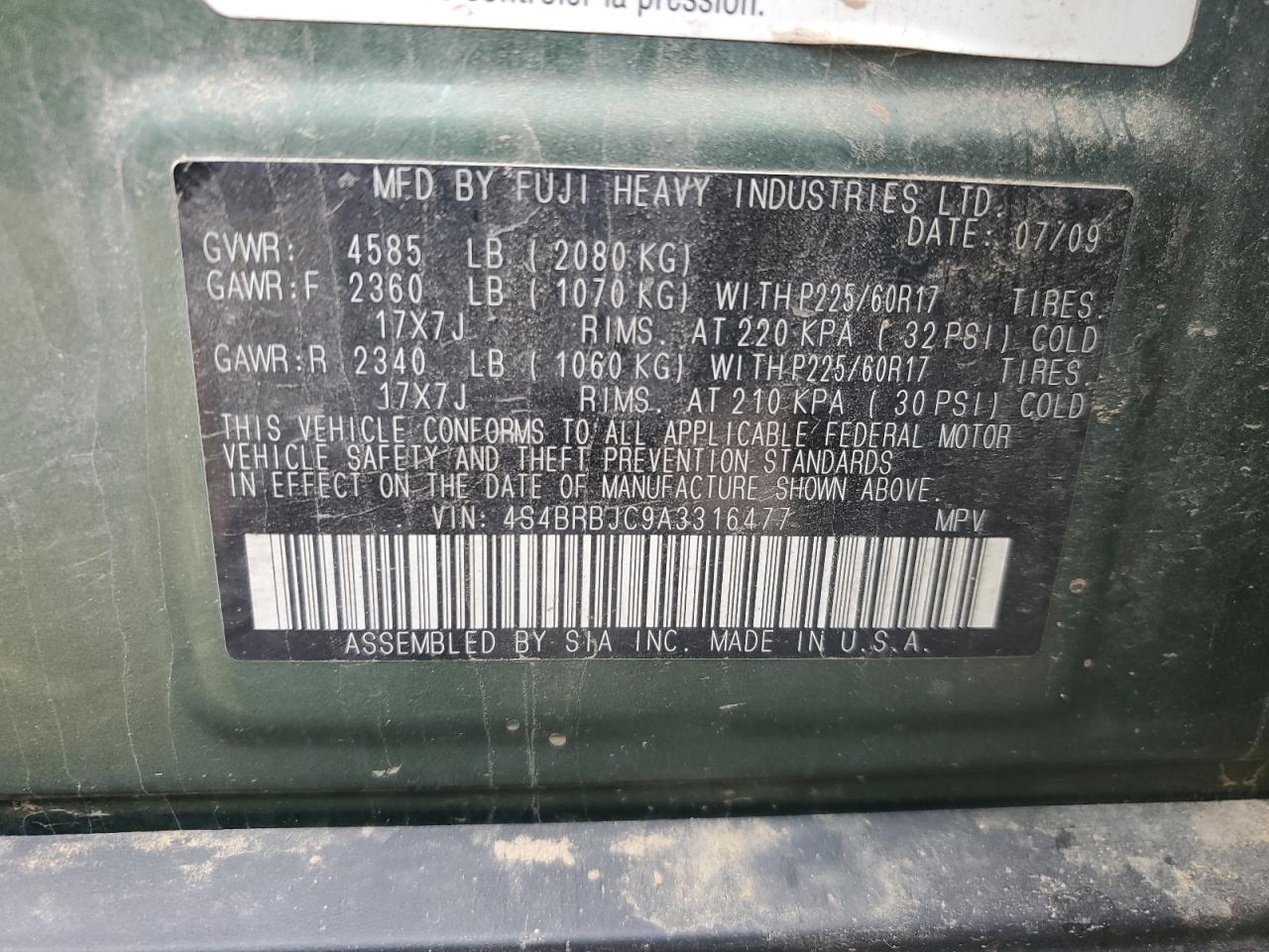 2010 Subaru Outback 2.5I Limited VIN: 4S4BRBJC9A3316477 Lot: 73316024