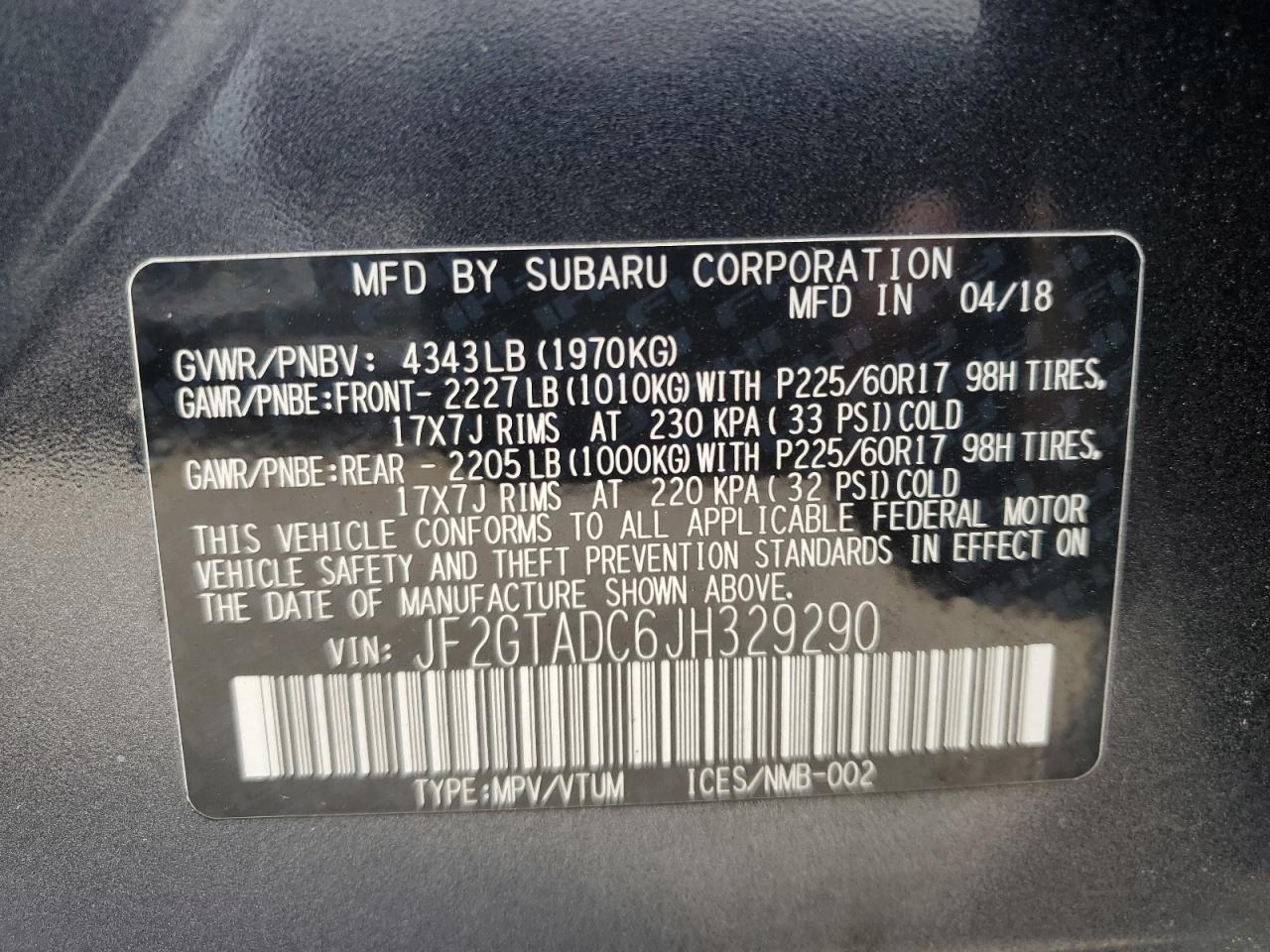 JF2GTADC6JH329290 2018 Subaru Crosstrek Premium