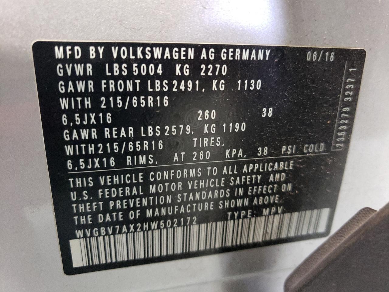 WVGBV7AX2HW502172 2017 Volkswagen Tiguan S