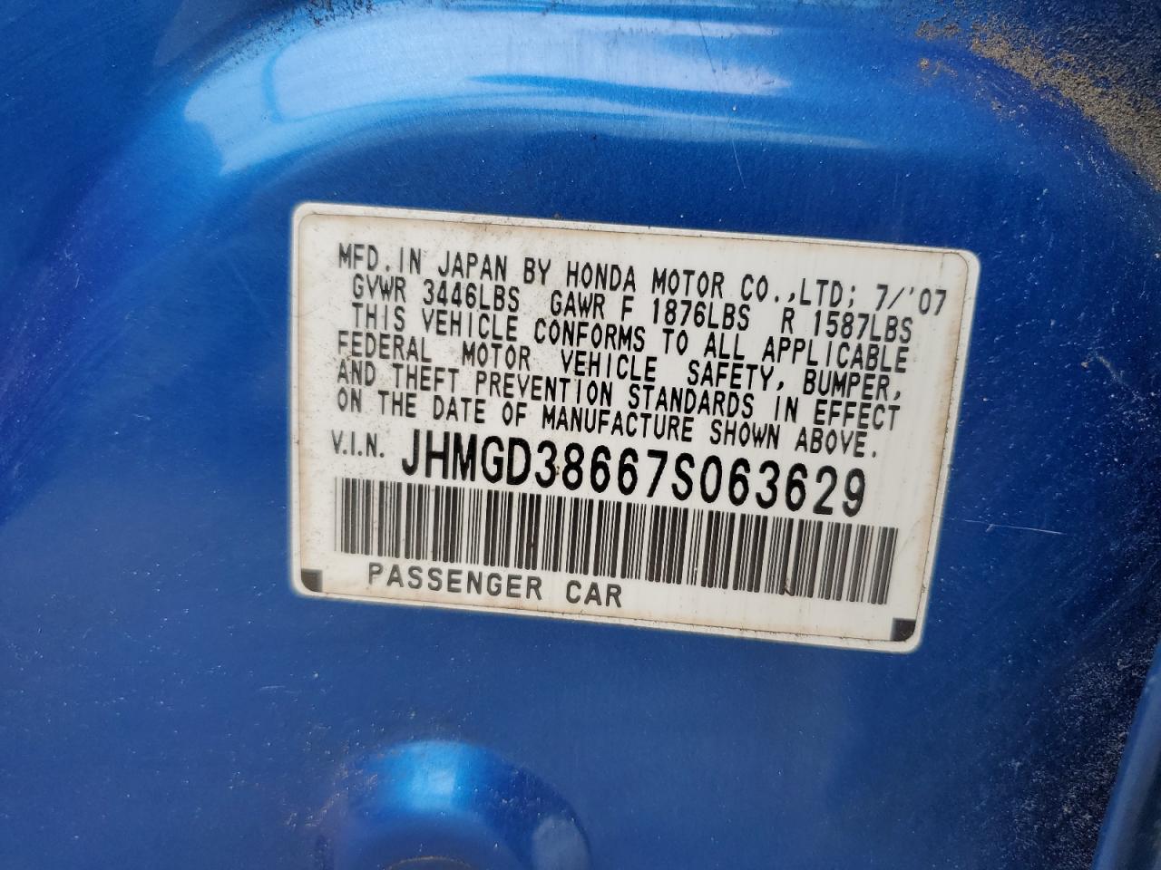 JHMGD38667S063629 2007 Honda Fit S