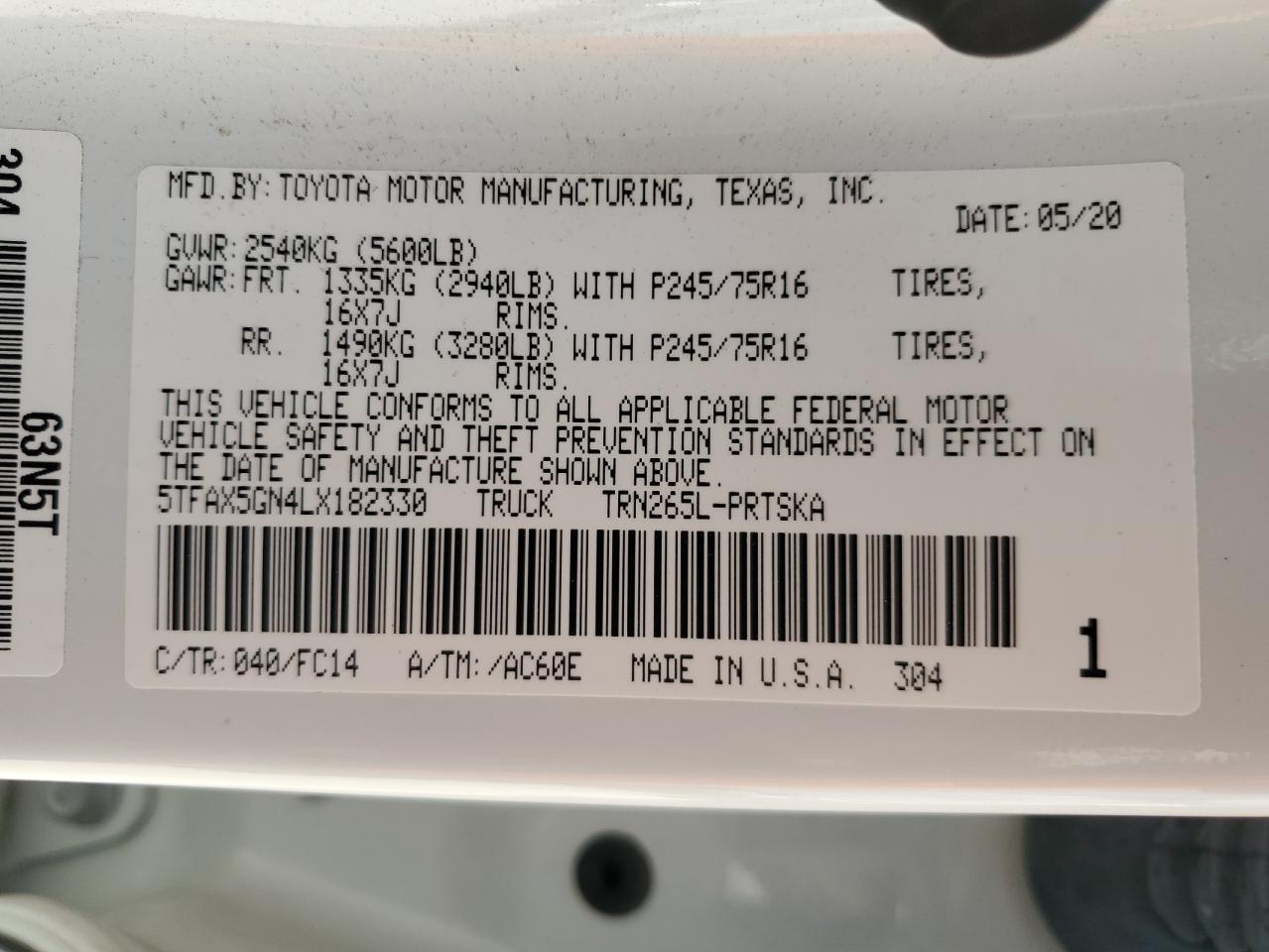 5TFAX5GN4LX182330 2020 Toyota Tacoma Double Cab