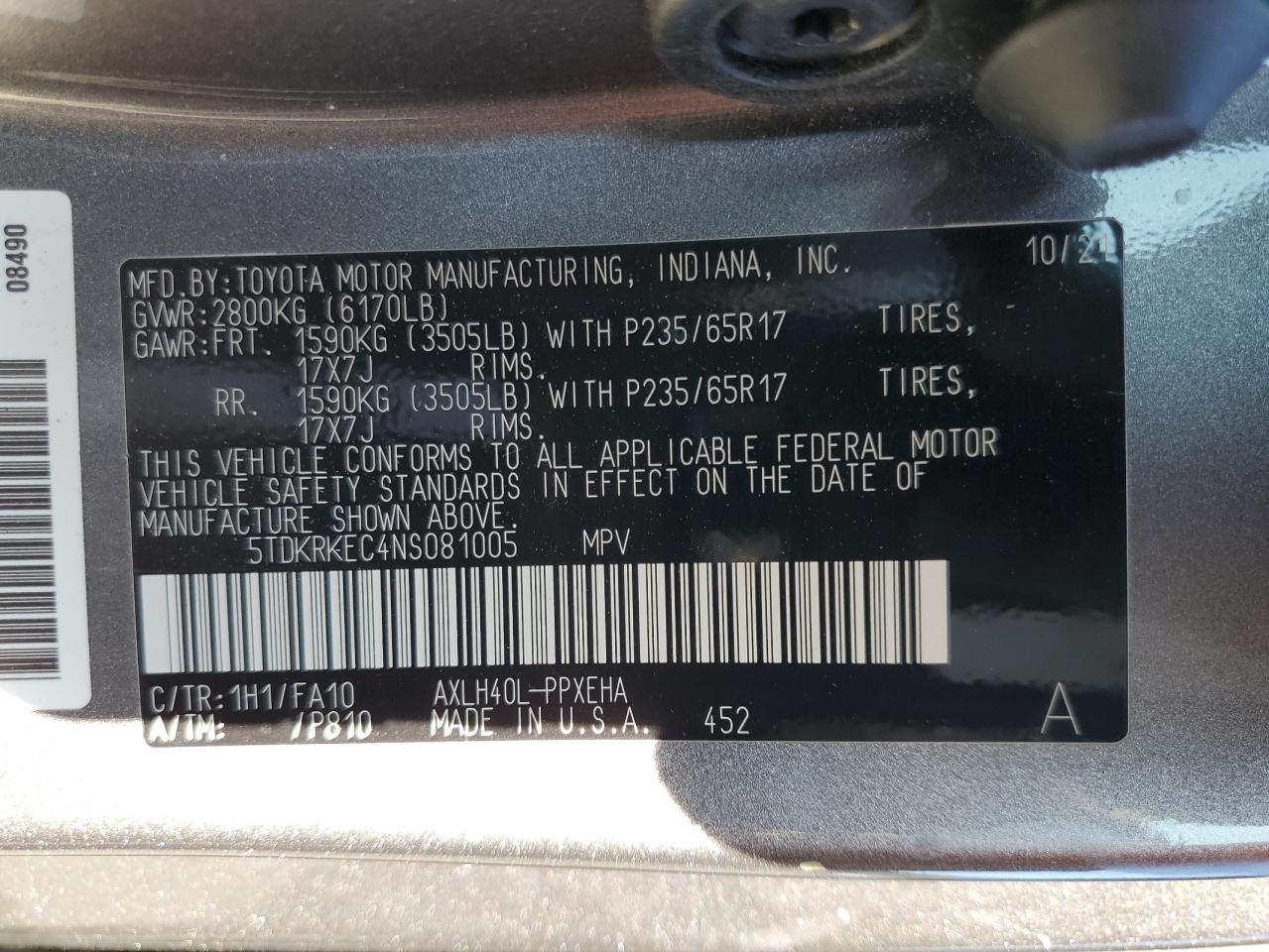 5TDKRKEC4NS081005 2022 Toyota Sienna Le