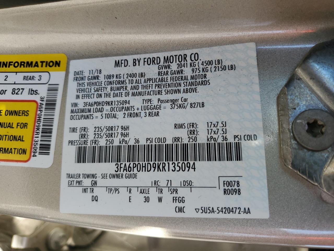 3FA6P0HD9KR135094 2019 FORD FUSION - Image 14