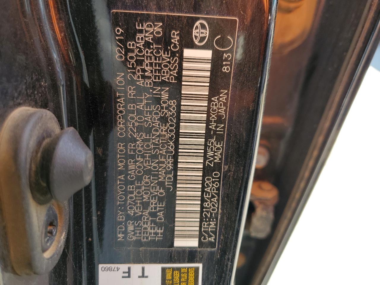 JTDL9RFU6K3002368 2019 Toyota Prius