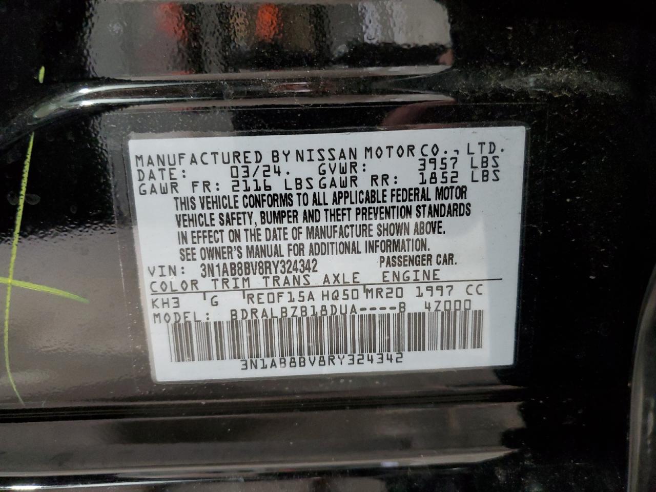 2024 Nissan Sentra S VIN: 3N1AB8BV8RY324342 Lot: 69520104