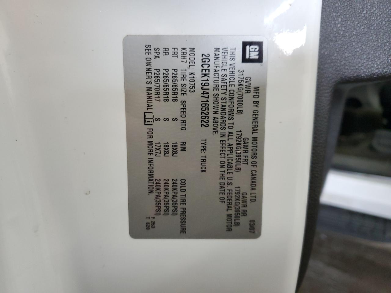 2007 Chevrolet Silverado K1500 VIN: 2GCEK19J471652622 Lot: 73006544