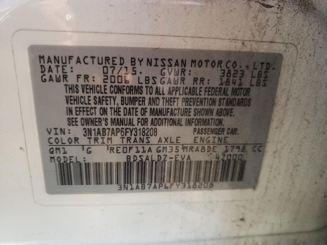 3N1AB7AP6FY318208 2015 Nissan Sentra S