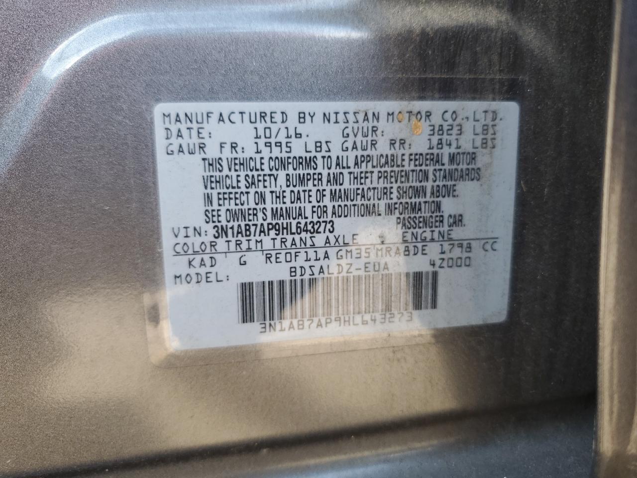 3N1AB7AP9HL643273 2017 Nissan Sentra S