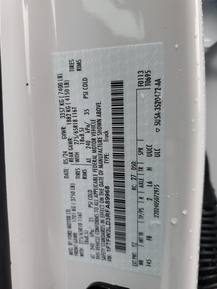 2024 Ford F150 Xlt VIN: 1FTFW3LD3RFA89968 Lot: 72567864