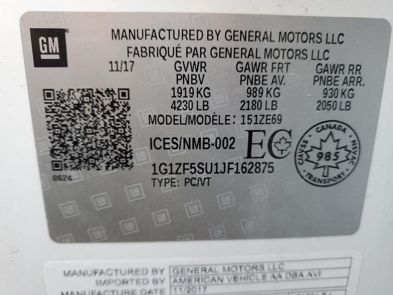 1G1ZF5SU1JF162875 2018 Chevrolet Malibu Hybrid