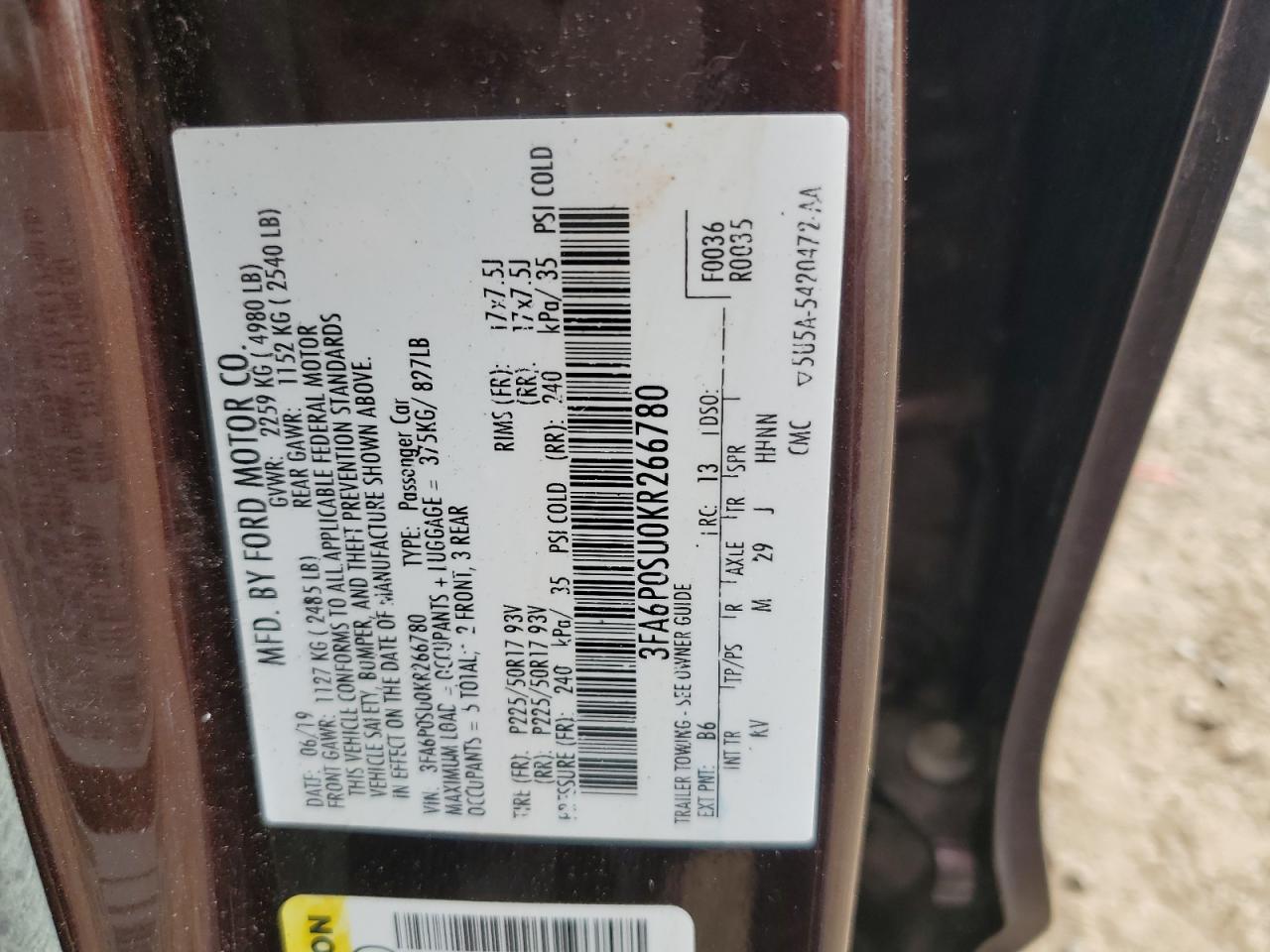 3FA6P0SU0KR266780 2019 FORD FUSION - Image 12