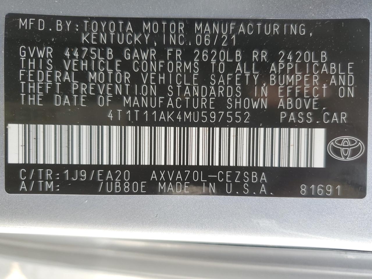 4T1T11AK4MU597552 2021 Toyota Camry Se