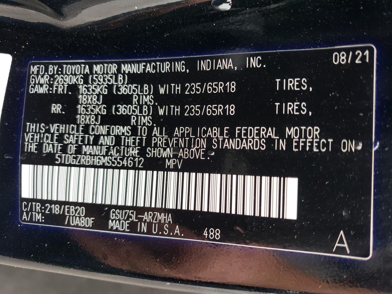 5TDGZRBH6MS554612 2021 Toyota Highlander Xle