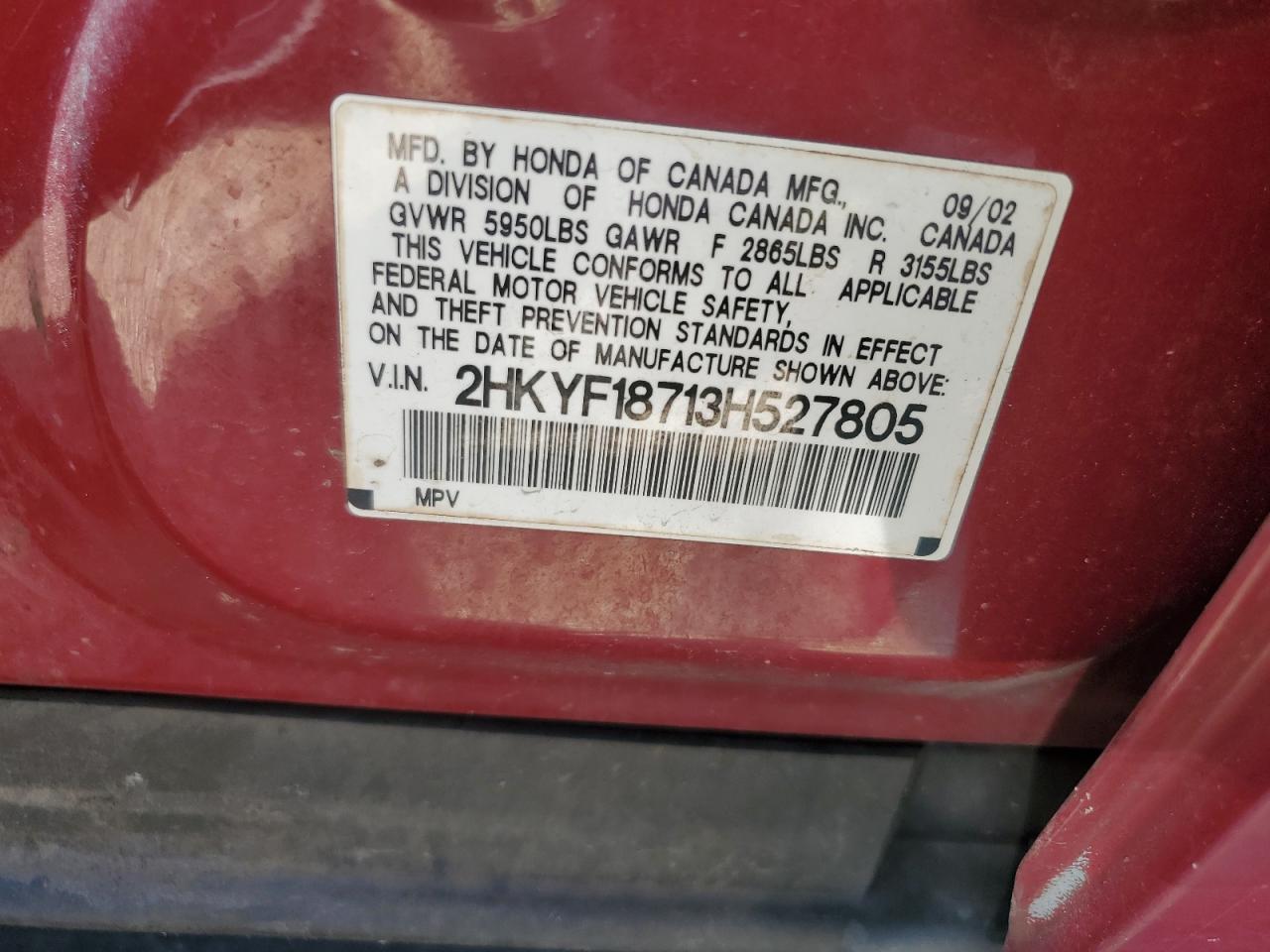 2003 Honda Pilot Exl VIN: 2HKYF18713H527805 Lot: 68767854