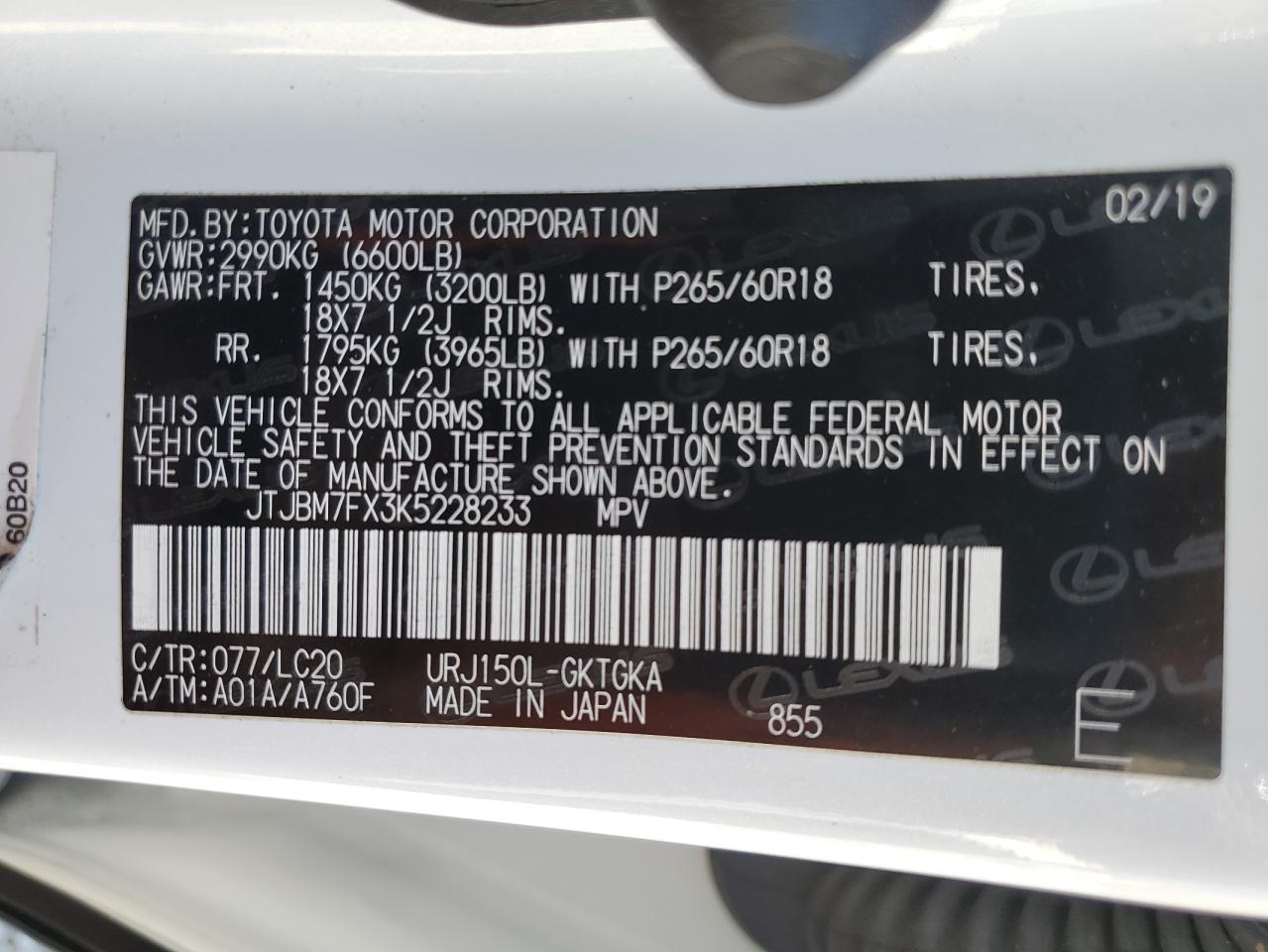 JTJBM7FX3K5228233 2019 Lexus Gx 460