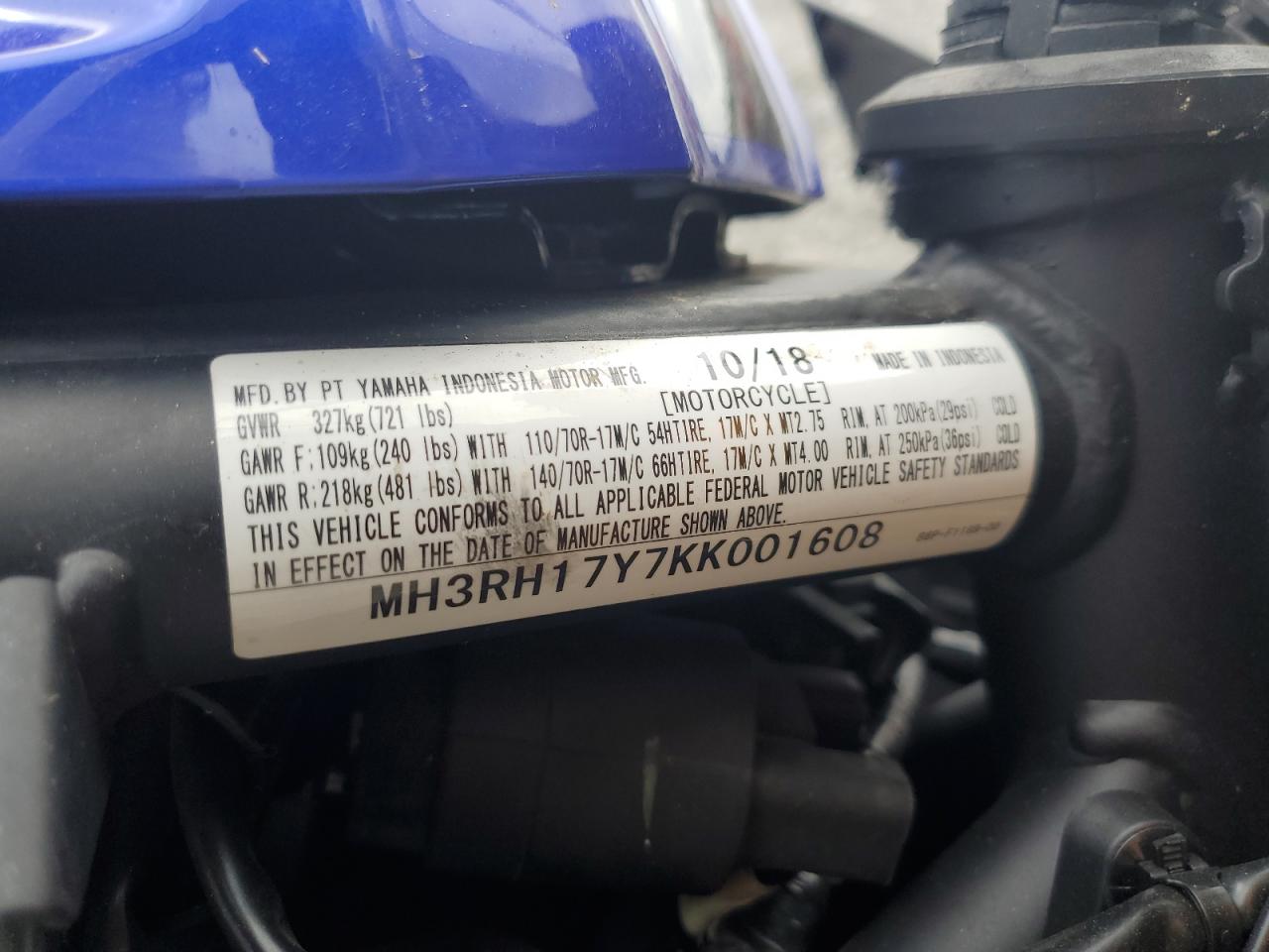 MH3RH17Y7KK001608 2019 Yamaha Yzfr3