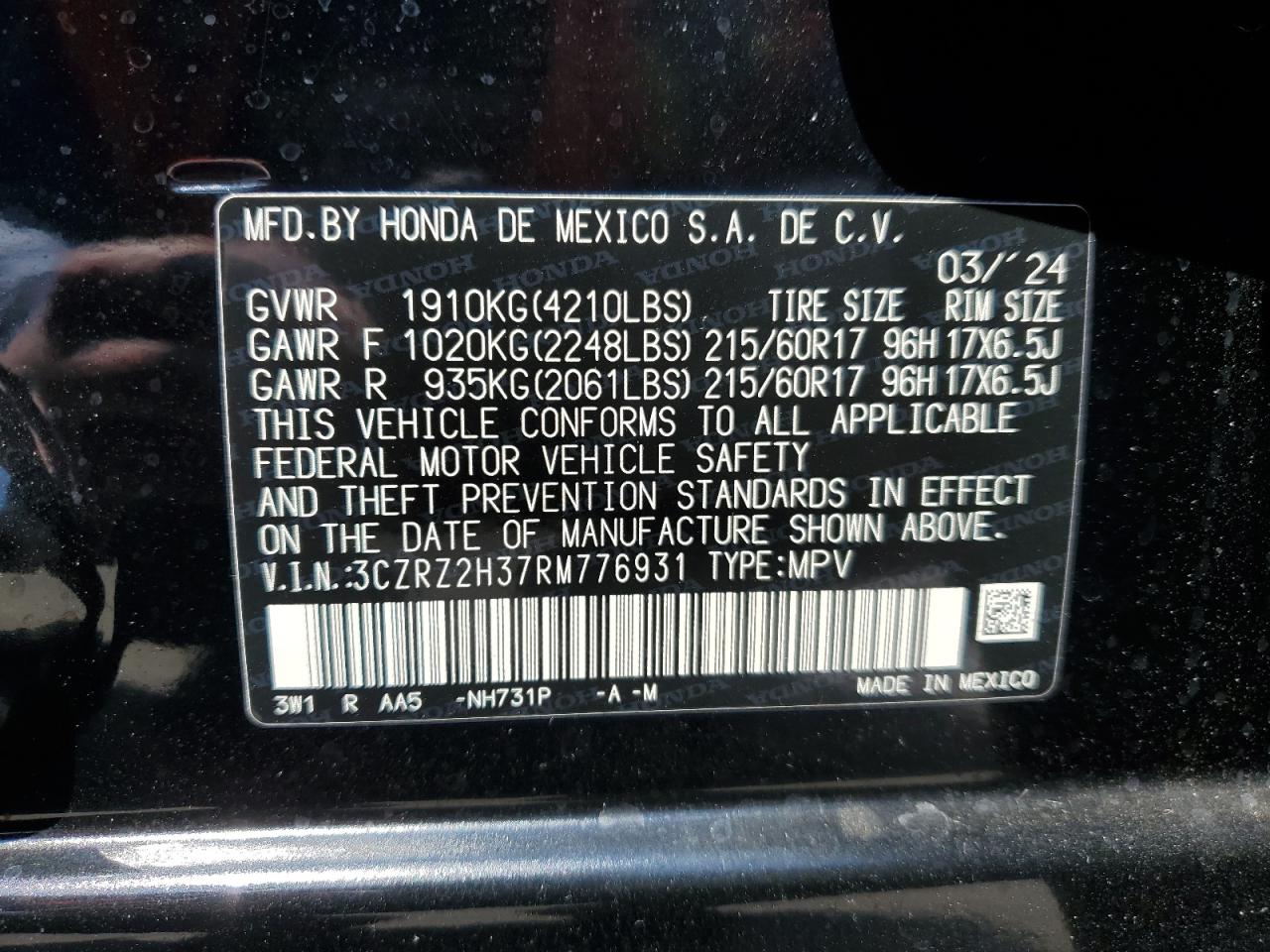 3CZRZ2H37RM776931 2024 Honda Hr-V Lx