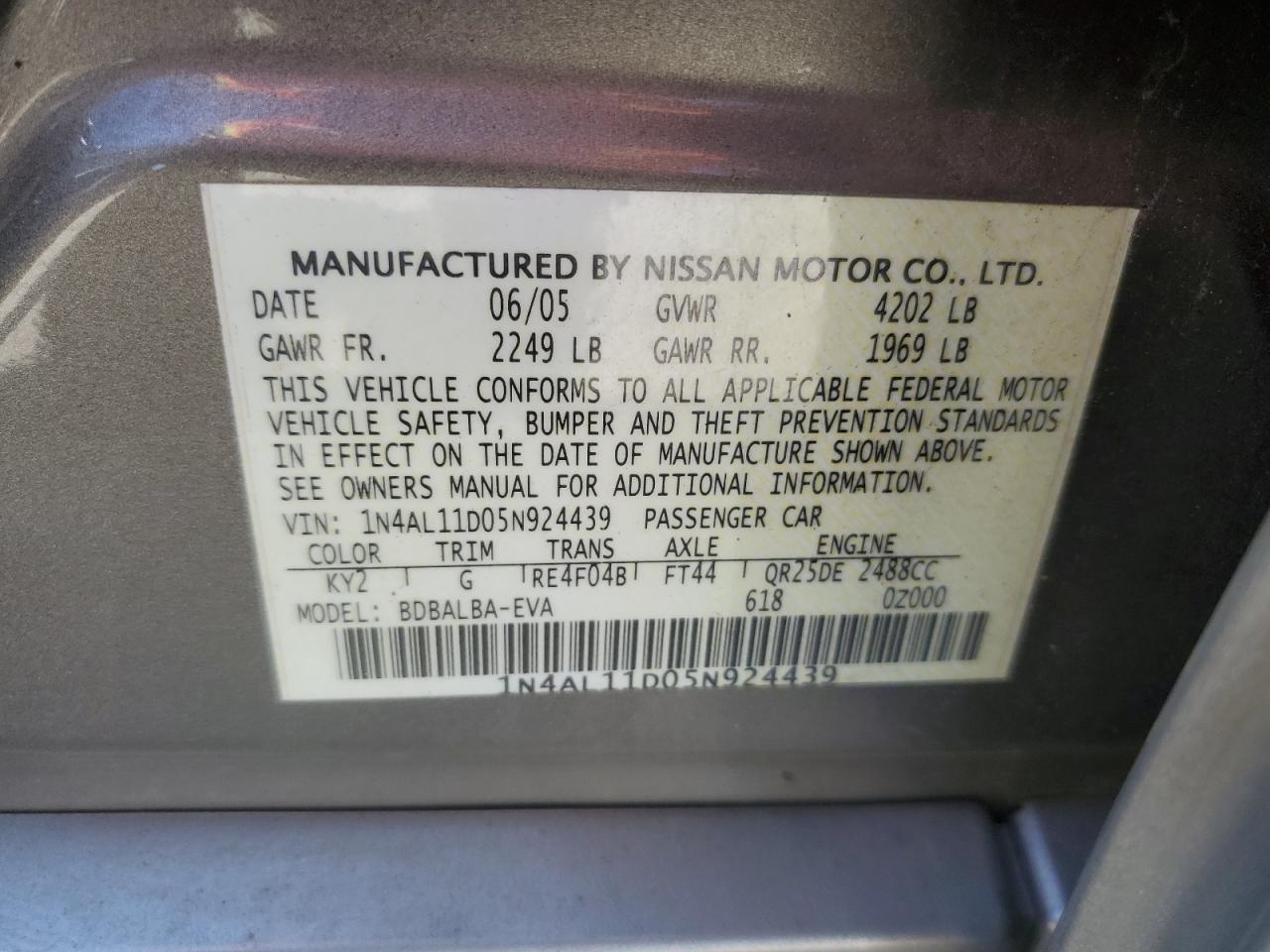 1N4AL11D05N924439 2005 Nissan Altima S