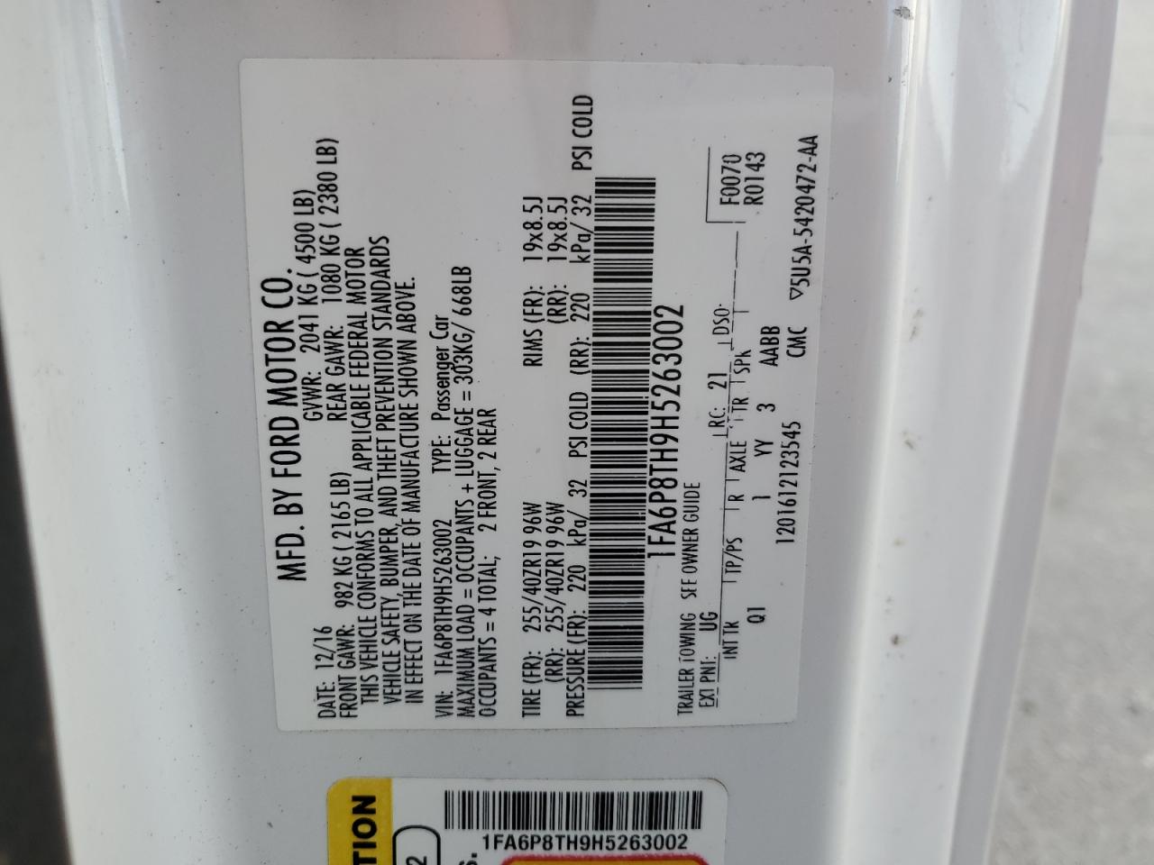 2017 Ford Mustang VIN: 1FA6P8TH9H5263002 Lot: 71853014