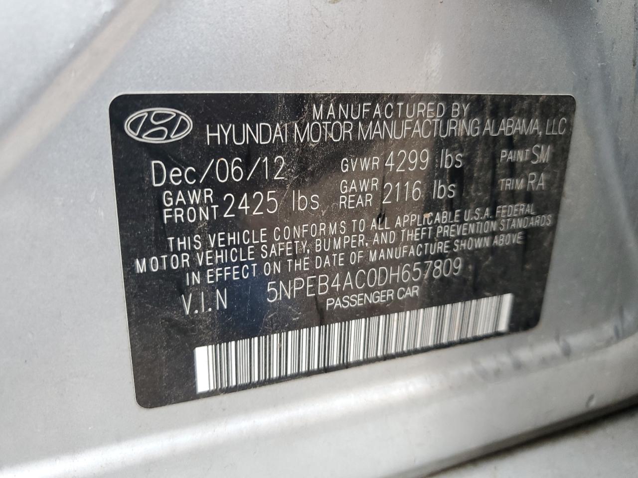 5NPEB4AC0DH657809 2013 Hyundai Sonata Gls