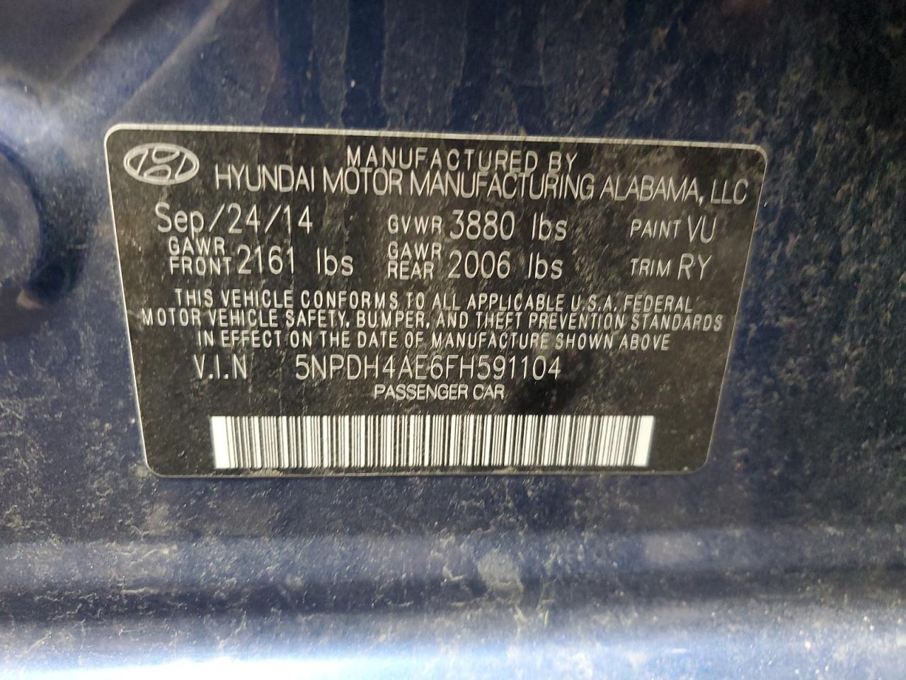 2015 Hyundai Elantra Se VIN: 5NPDH4AE6FH591104 Lot: 71396464