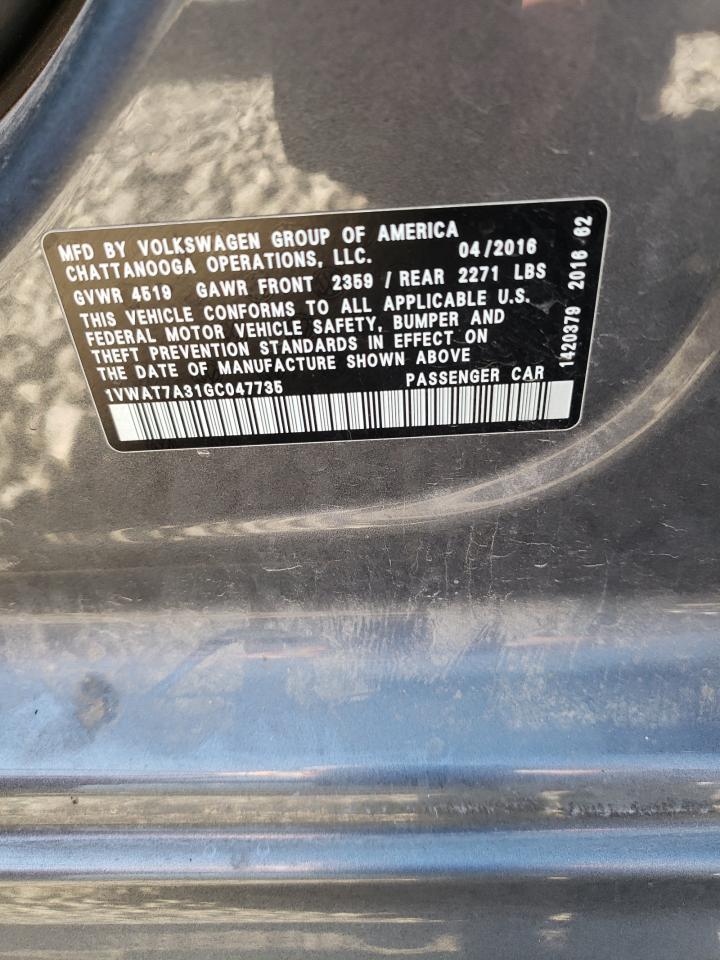 2016 Volkswagen Passat S VIN: 1VWAT7A31GC047735 Lot: 68860475