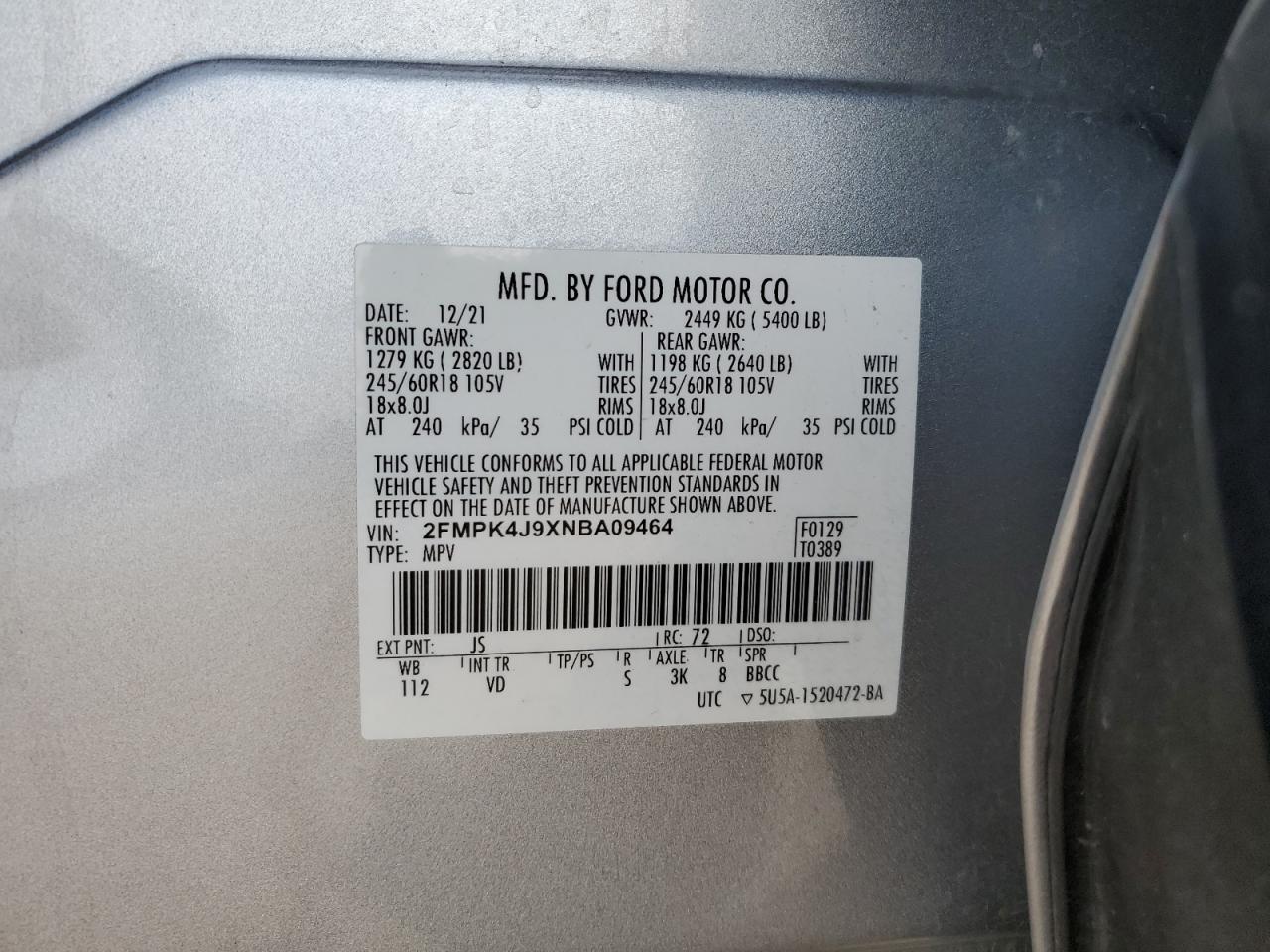 2FMPK4J9XNBA09464 2022 Ford Edge Sel