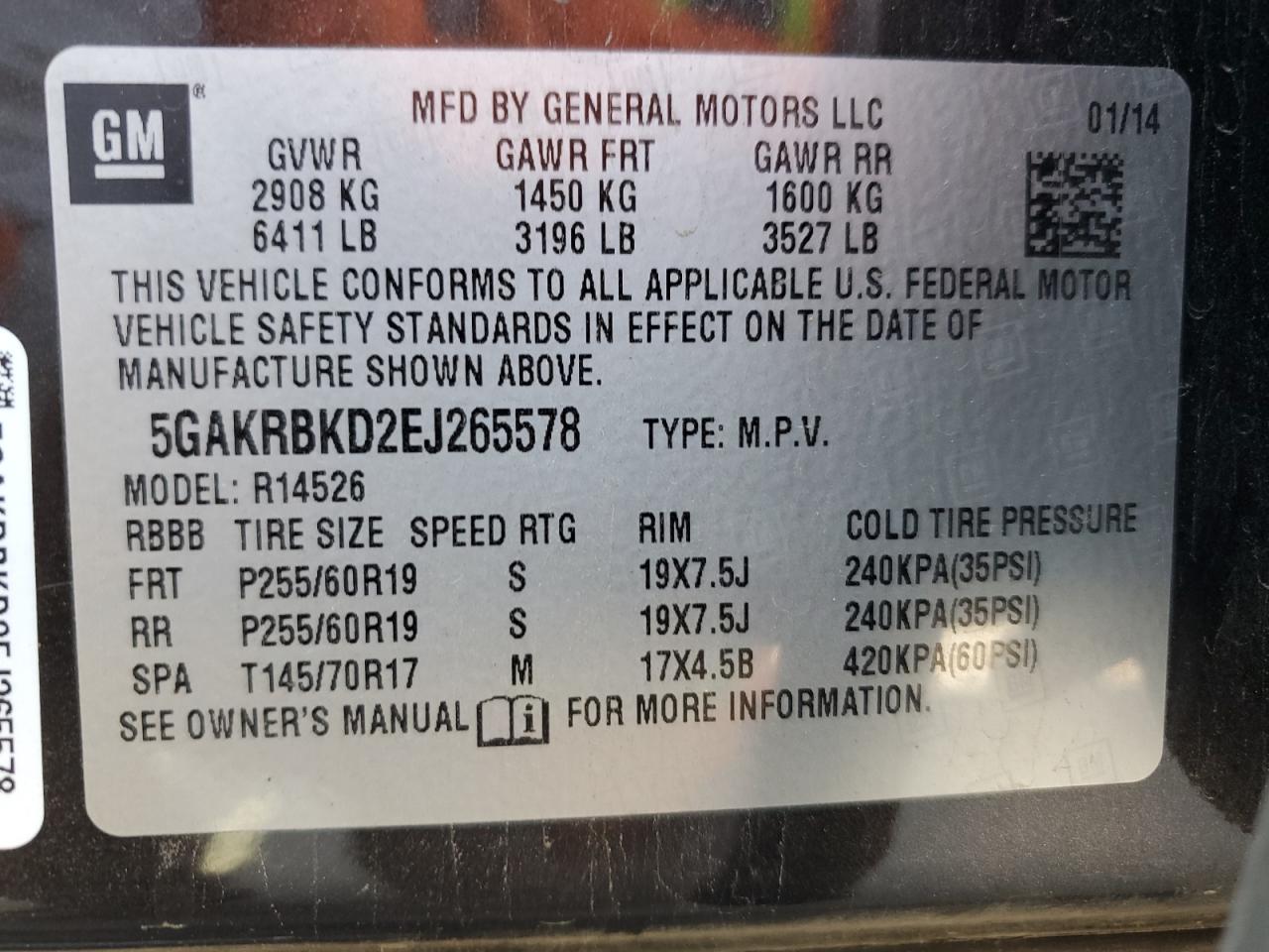 5GAKRBKD2EJ265578 2014 Buick Enclave