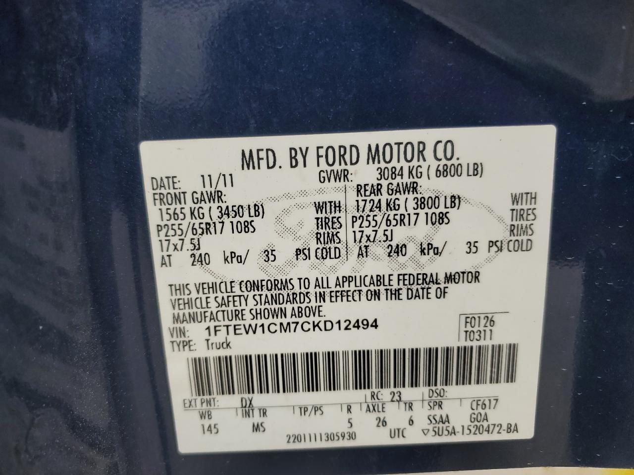 1FTEW1CM7CKD12494 2012 Ford F150 Supercrew