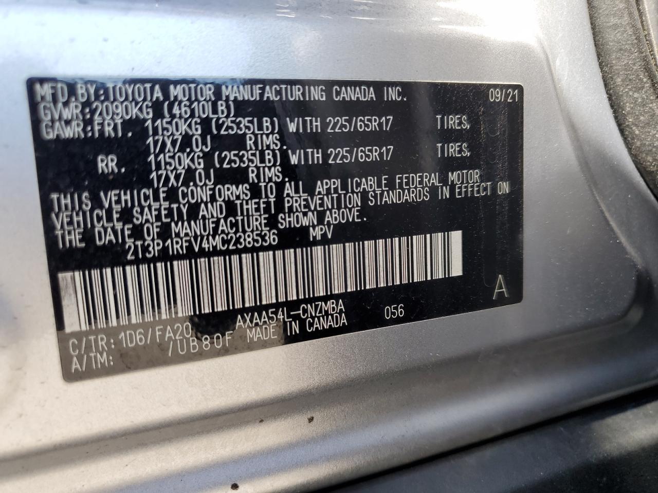 2T3P1RFV4MC238536 2021 Toyota Rav4 Xle