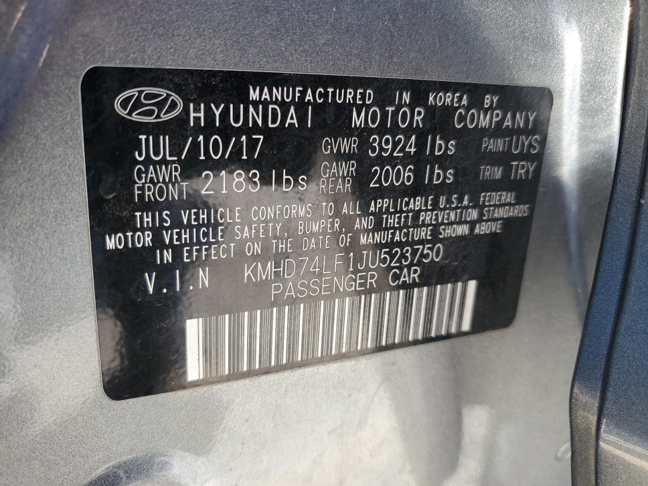 KMHD74LF1JU523750 2018 Hyundai Elantra Se